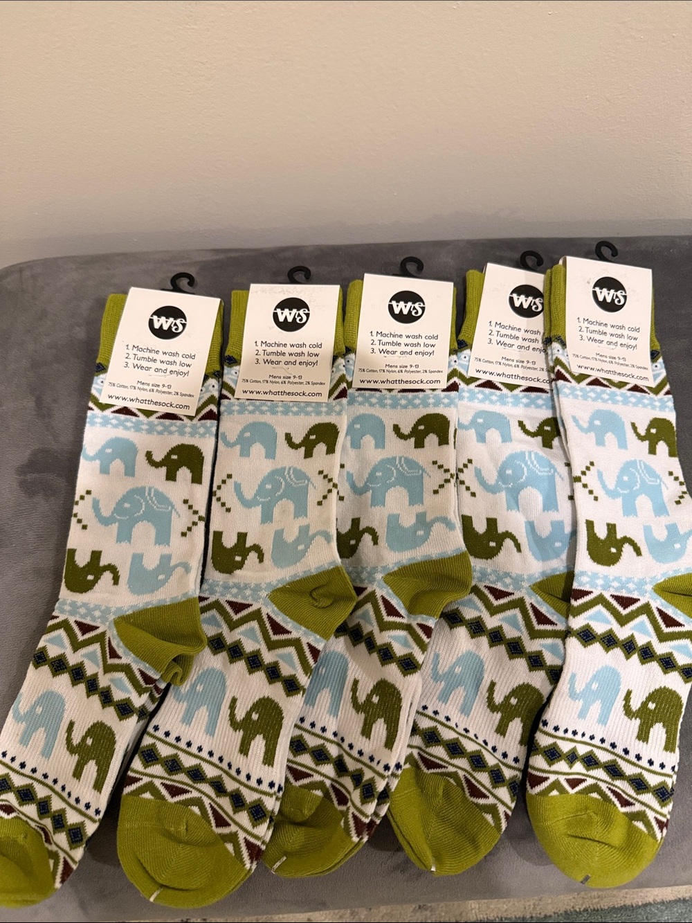 Bundle 5 What the sock Elephant Pattern Crew Socks in Light Blue & Olive Green